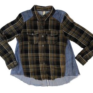Free People Size M Road Trip Get Away Plaid Flannel & Denim Button Down Shirt